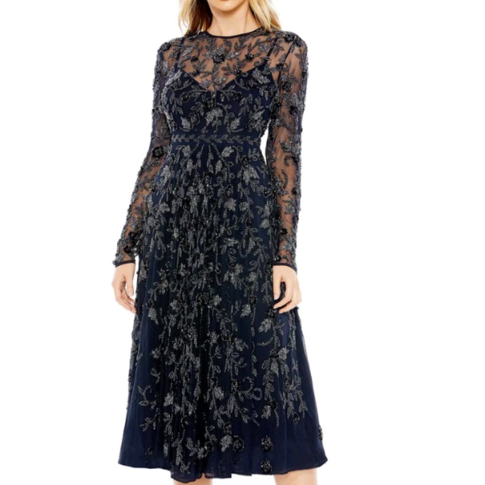 MAC DUGGAL 10799 BEADED ILLUSIONS HIGH NECK LONG SLEEVE A-LINE NAVY DRESS sz 16